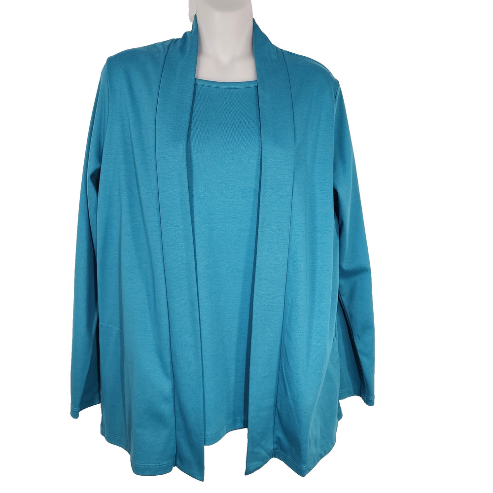 LL Bean Cardigan Top Tee 2 Pc Medium Supima Cotton Open Front Pockets Blue Long
